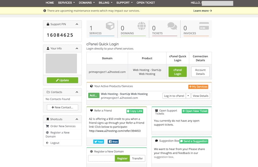 A2 hosting dashboard with various navigation options.