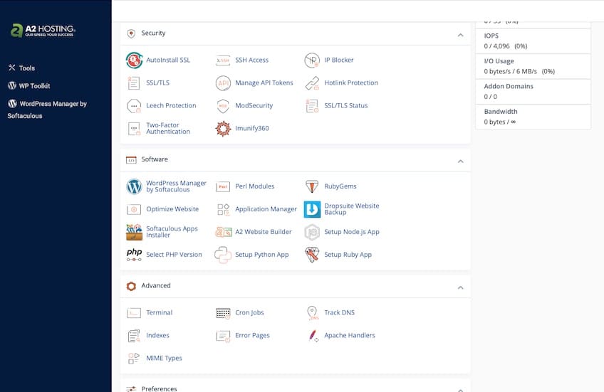 Various tools that you can use within the A2 Hosting dashboard.