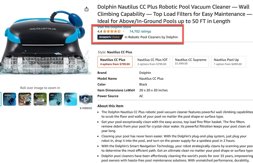 Pool vacuum cleaner product page on Amazon with red box to highlight the reviews preview under the product name. 