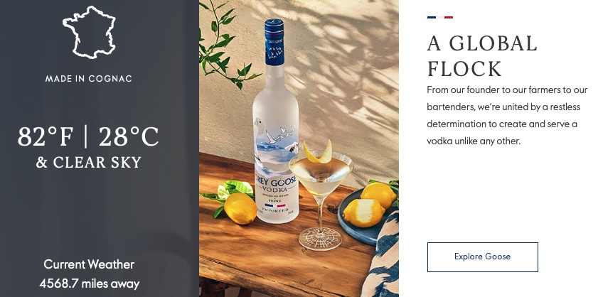 Grey Goose Vodka page with "Explore Goose" button. 