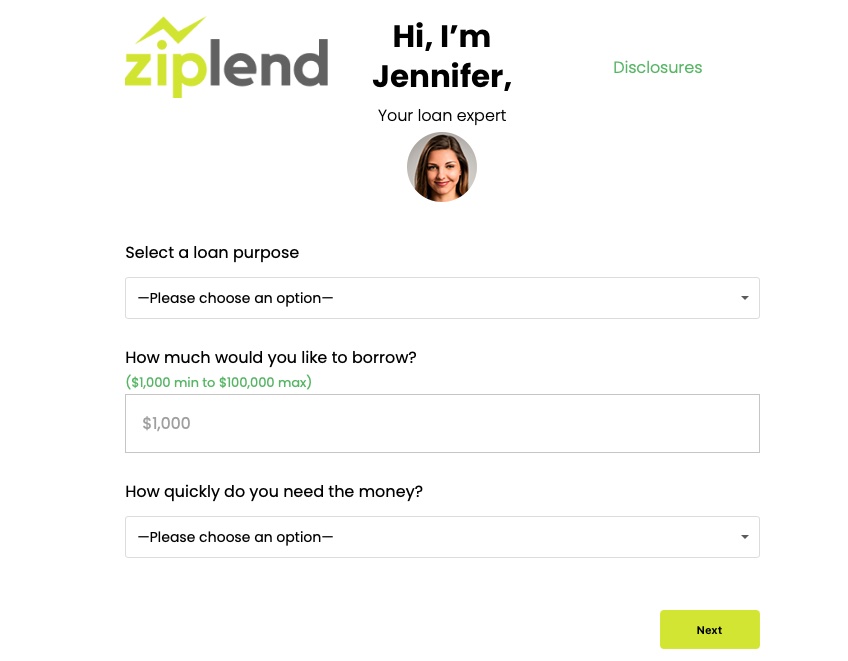 Ziplend form with questions about loan purpose, amount to borrow, and speed of needing loan. 