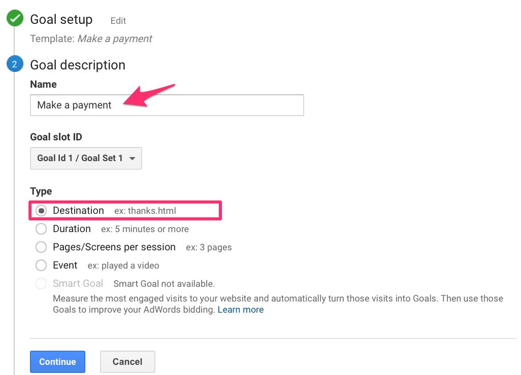 Google Analytics goal description