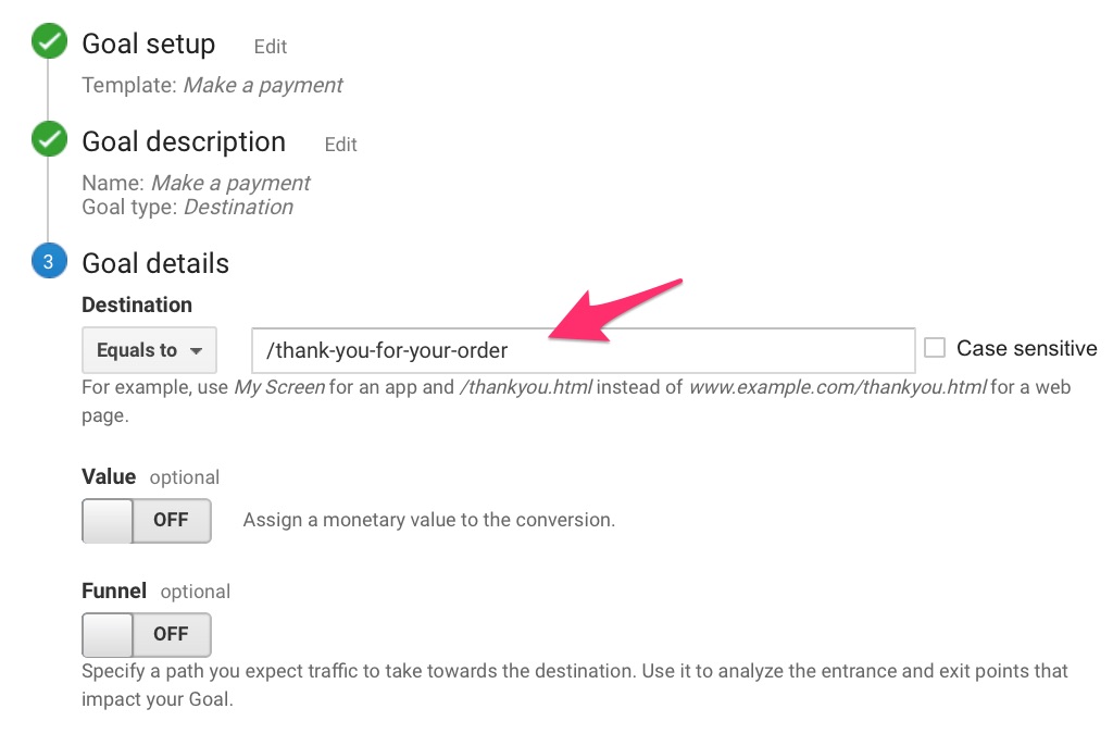 Google Analytics goal details