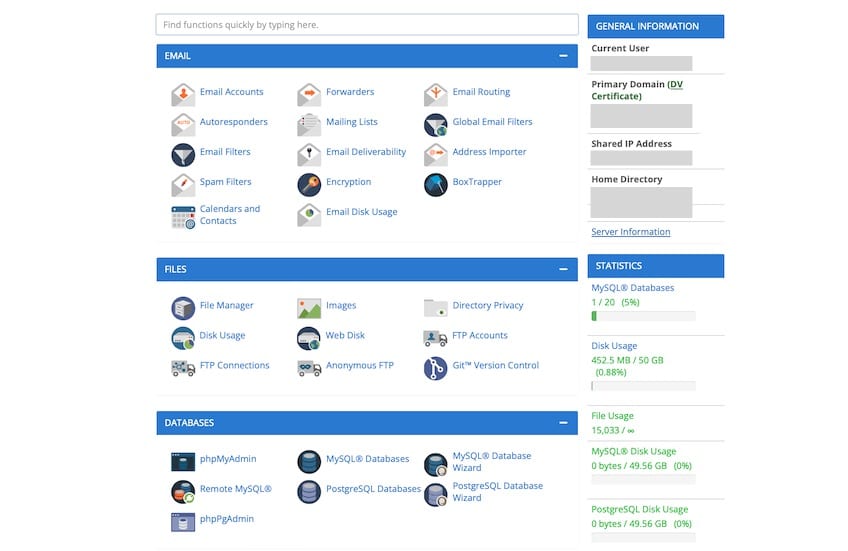 cPanel screen showing various tools and settings for managing website.