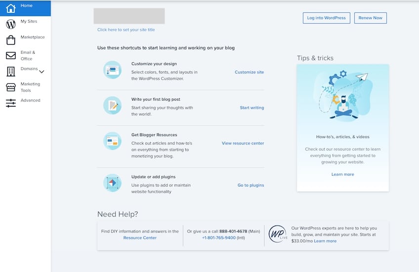 Bluehost dashboard displaying an overview of website statistics and account management options.