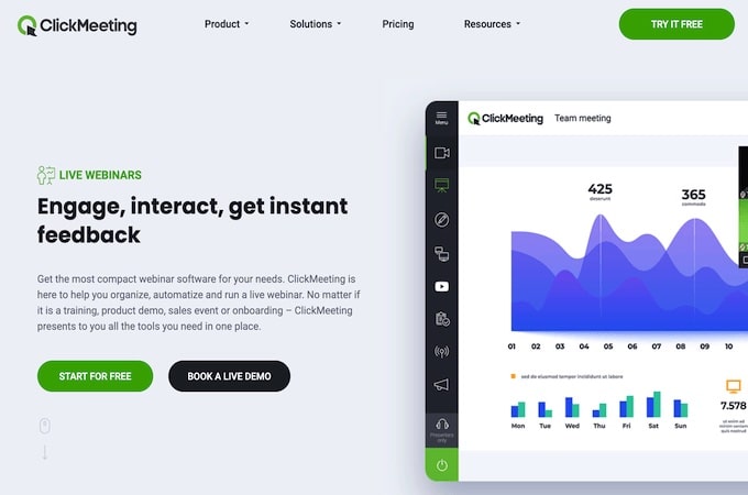 Screenshot of ClickMeeting Webinars landing page showing a graph with webinar analytics.