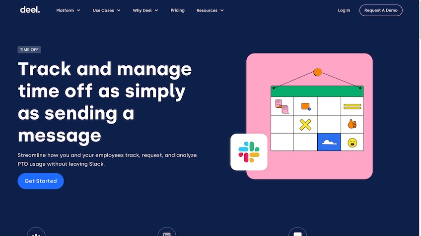 Deel time off tracking landing page with blue button to "Get Started."