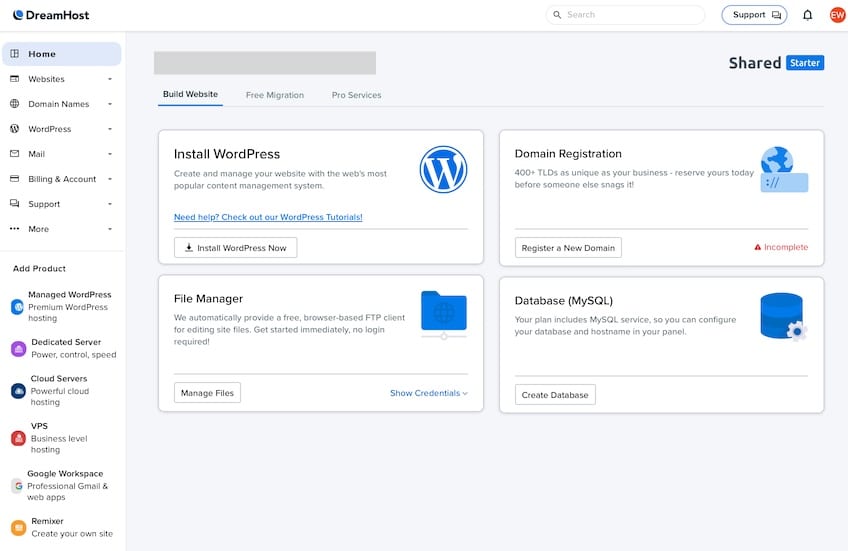 DreamHost home dashboard for a shared starter plan.