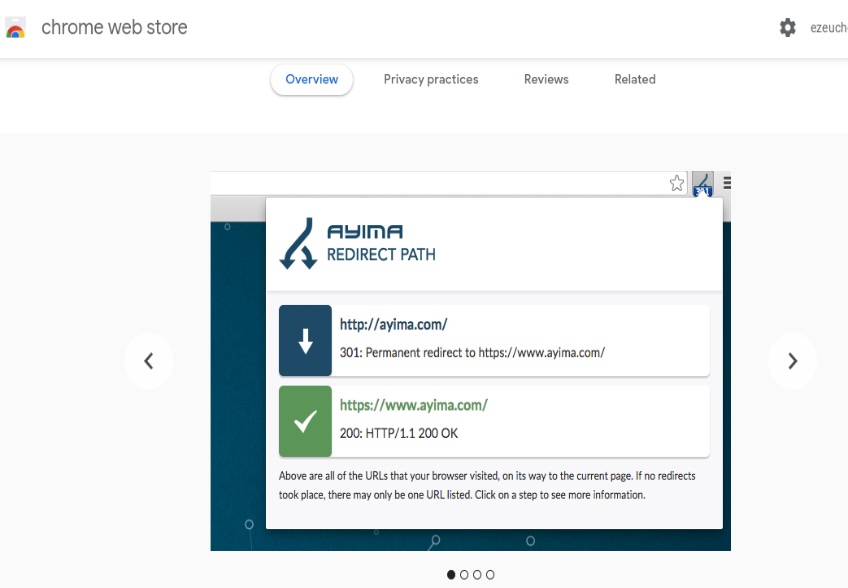 Chrome web store overview of Ayima redirect path. 