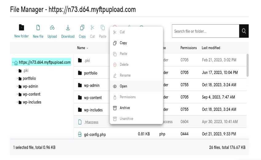 File manager screen with the menu to open a file shown. 