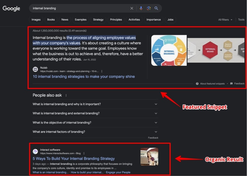 Google search results for internal branding with arrows pointing to featured snippet and organic result
