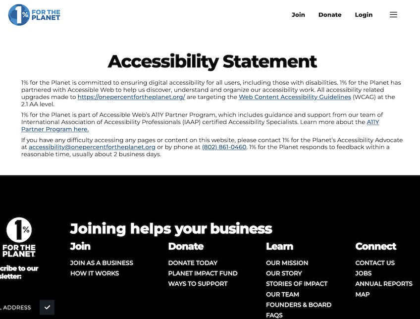 Accessibility Statement for the site 1% for the Planet. 