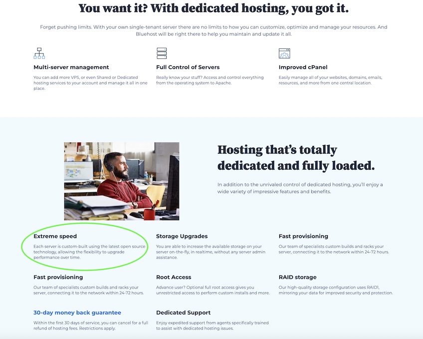 Bluehost features page with a green circle around the Extreme speed feature description. 