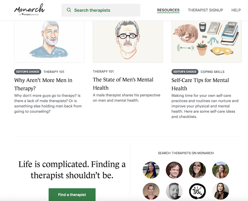 Monarch by SimplePractice website with the resources page displayed. 