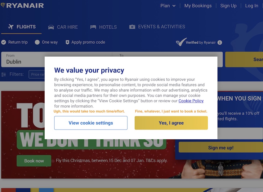 Dark pattern website example with a privacy statement message window displayed with options to View Cookie Settings or to click Yes, I agree. 