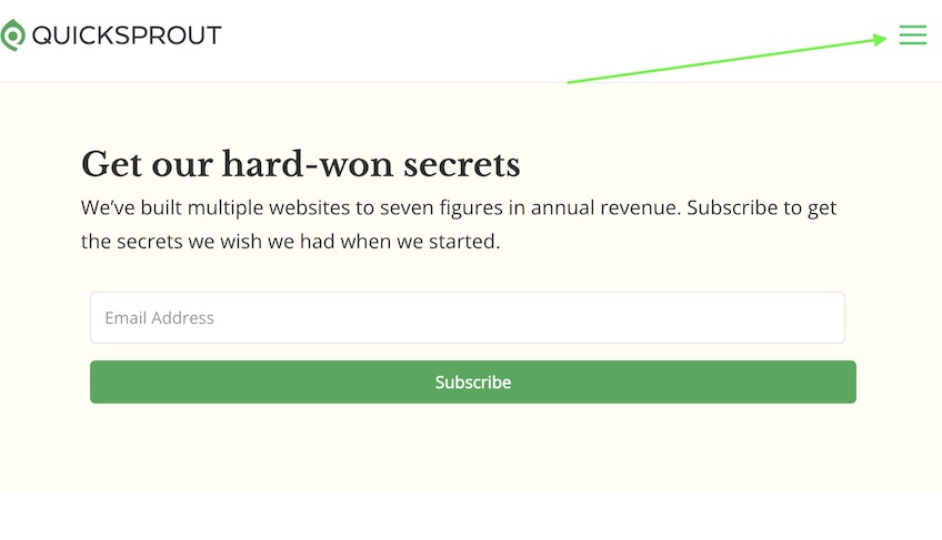 Quicksprout homepage with a green arrow pointing to the three horizontal lines menu. 