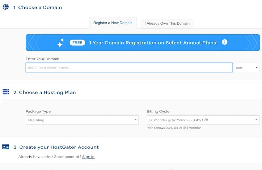 HostGator choose domain page for selecting a domain name for your website.