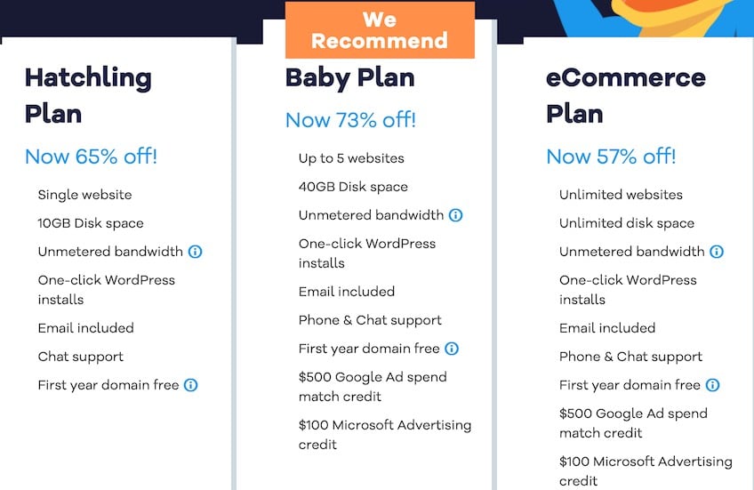 Three plans offered by HostGator.