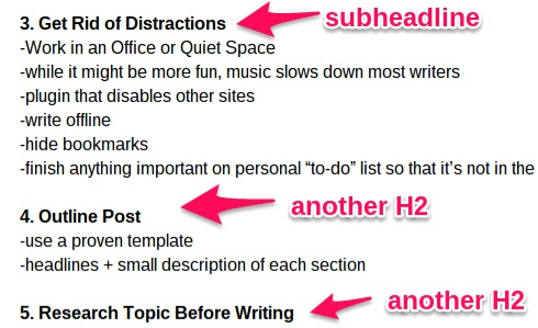 Image example of headings and subheading positions.