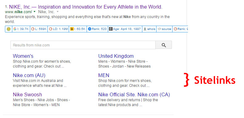Screenshot of sitelinks appearance in Google.