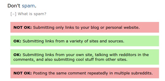Screenshot of a spam warning on the do's and don'ts on posting on Reddit. 
