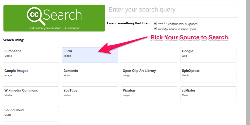 CC search - choose the source you're searching screen