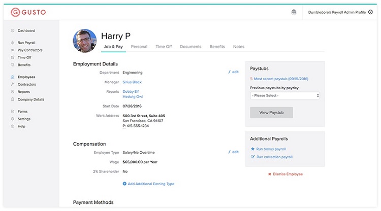 Gusto employee dashboard example.