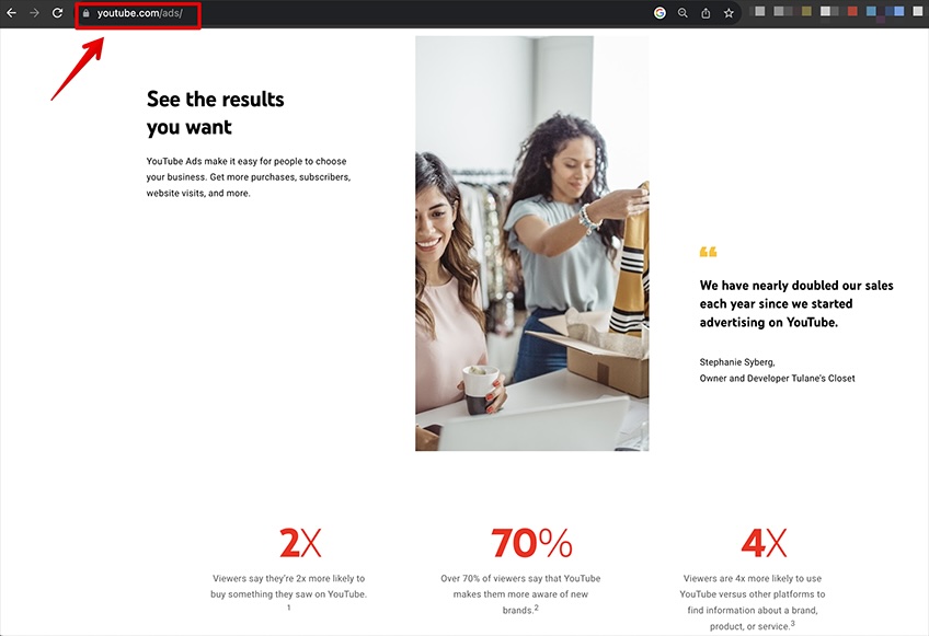 YouTube ads site with the url circled in red and a red arrow pointing to it. 