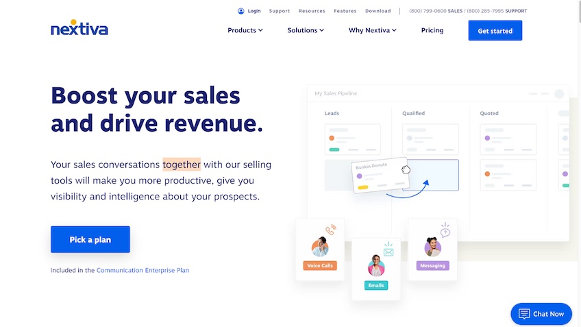 Nextiva CRM landing page with blue button that reads "Pick a plan."