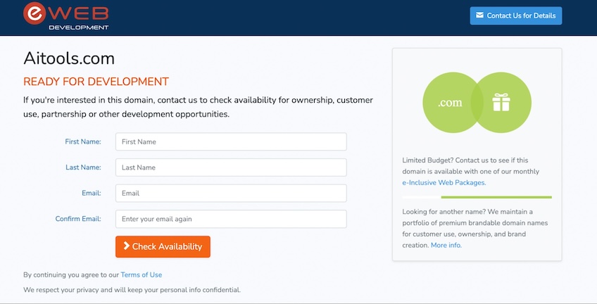 Aitools.com form to check the availability of a domain. 