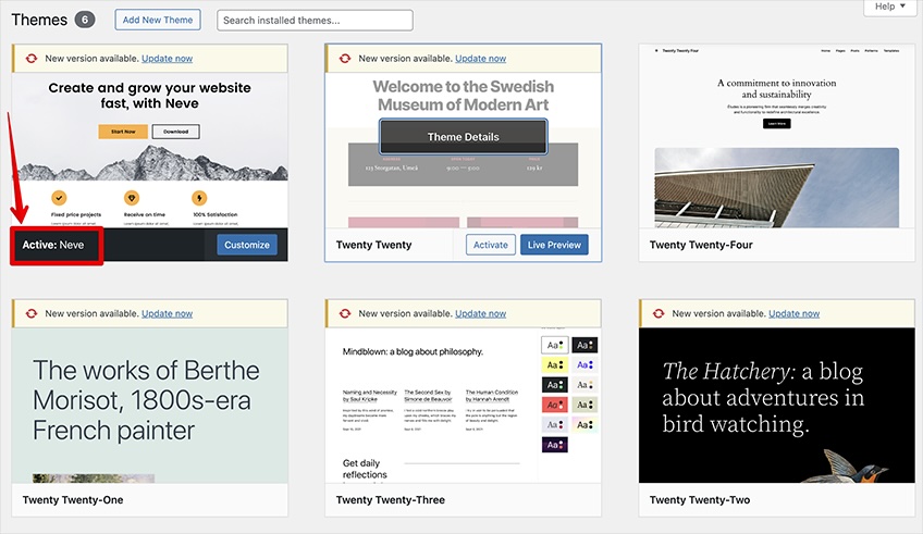 WordPress themes with six shown and a red arrow pointing to the active theme. 