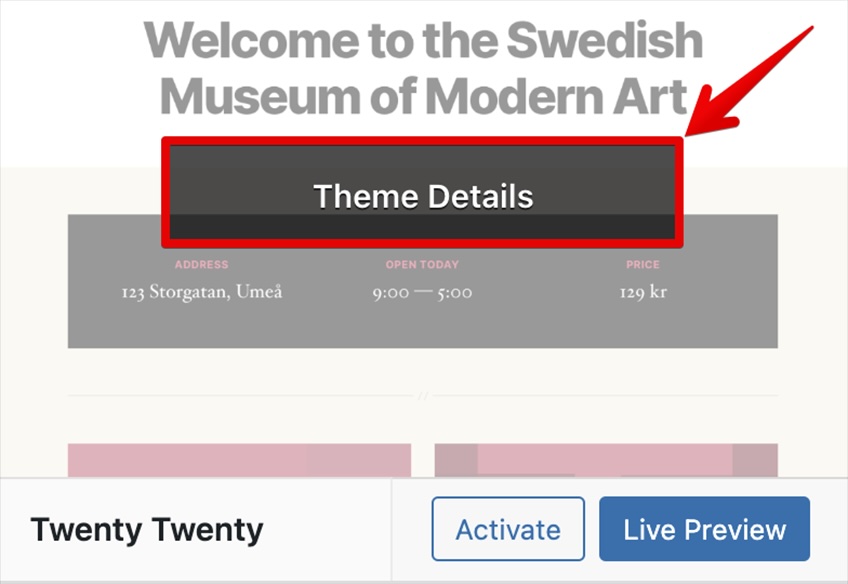 Theme details selection button. 