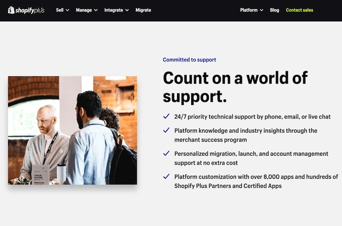 A screenshot of Shopify Plus landing page with a bullet list of customer support benefits.
