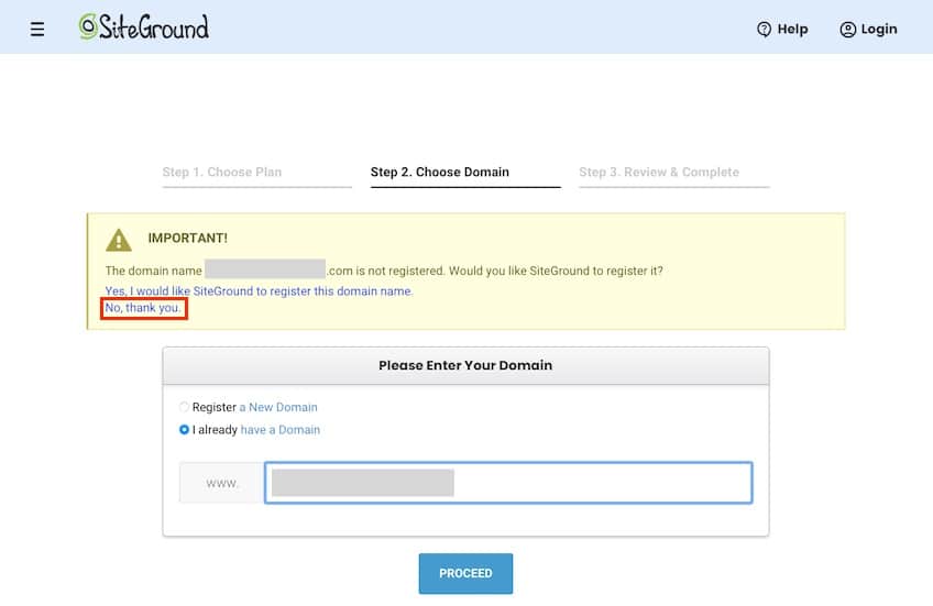 SiteGround 'Choose Domain' page displaying a domain search and selection interface, allowing users to search for and choose a domain name for their website.