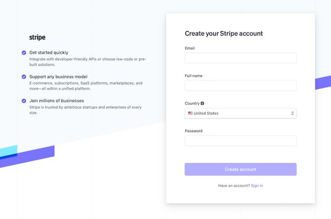 A screenshot of the Stripe sign up screen.