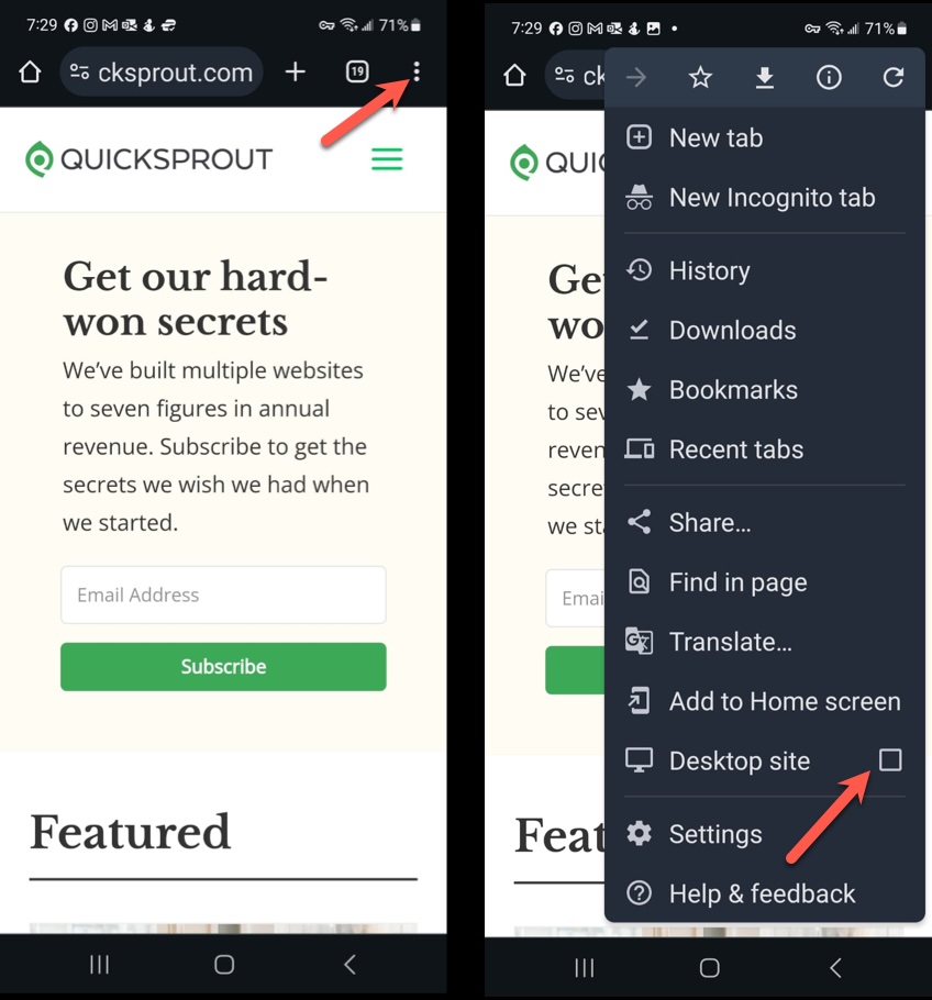 Kebab menu with a red arrow pointing to the Desktop site selection on Android Google Chrome. 