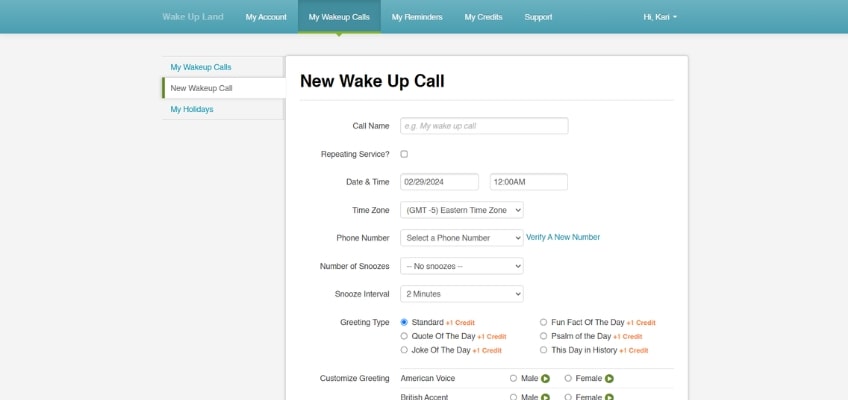 Wake Up Land setup page