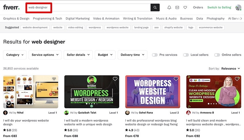 Fiverr search results page displaying listings for web designers.