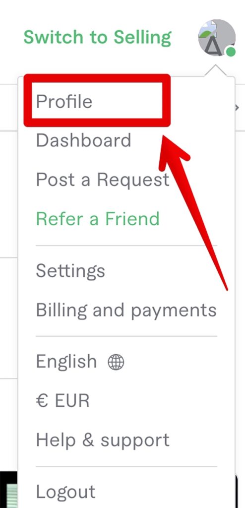 Fiverr's seller interface, highlighting the profile dropdown menu.