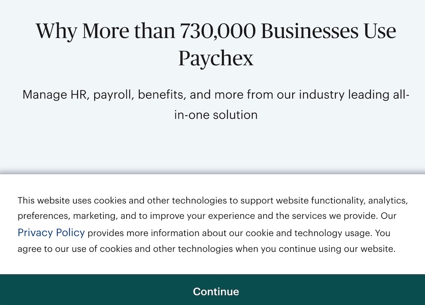 Consent for cookies popup message example from Paychex website. 