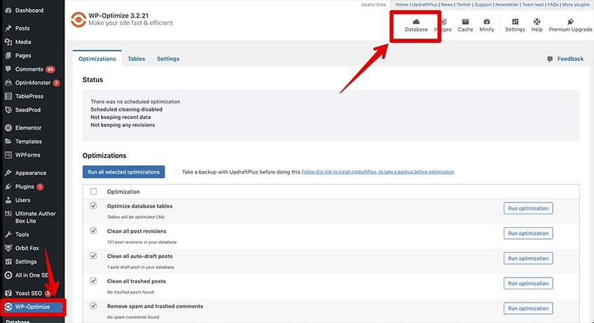WPOptimize plugin in WordPress with red arrow pointing to database selection. 
