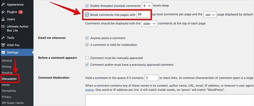 WordPress discussion settings with a red box around the selection to break comments into pages. 