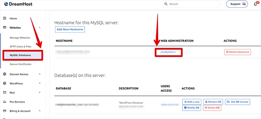 DreamHost website management interface to modify database. 