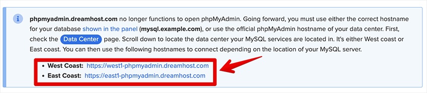 phpMyAdmin location login links. 