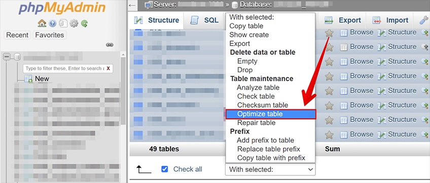 phpMyAdmin menu options with red arrow pointing to optimize table selection. 