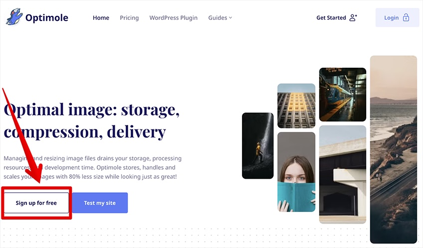 Optimole homepage with a red arrow pointing to the "Sign up for free" button. 
