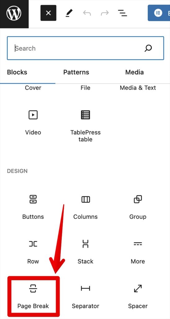 WordPress blocks settings with red arrow pointing to page break selection. 