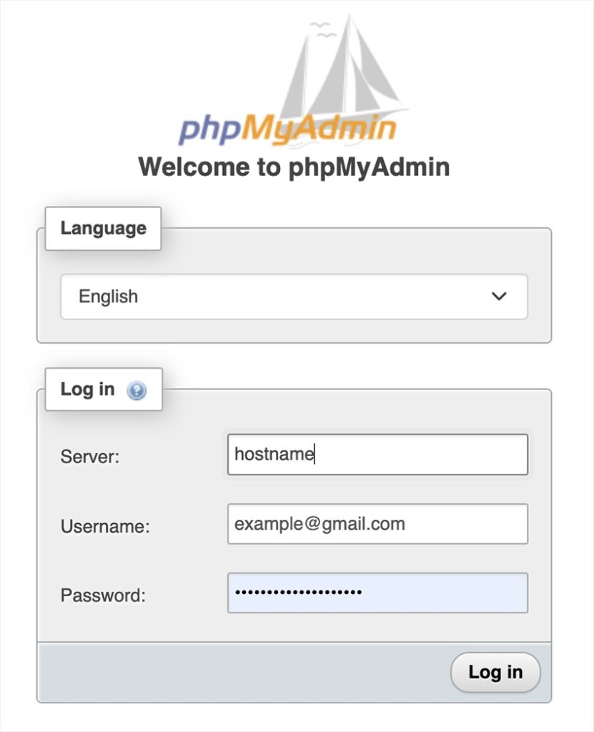 phpMyAdmin login page. 