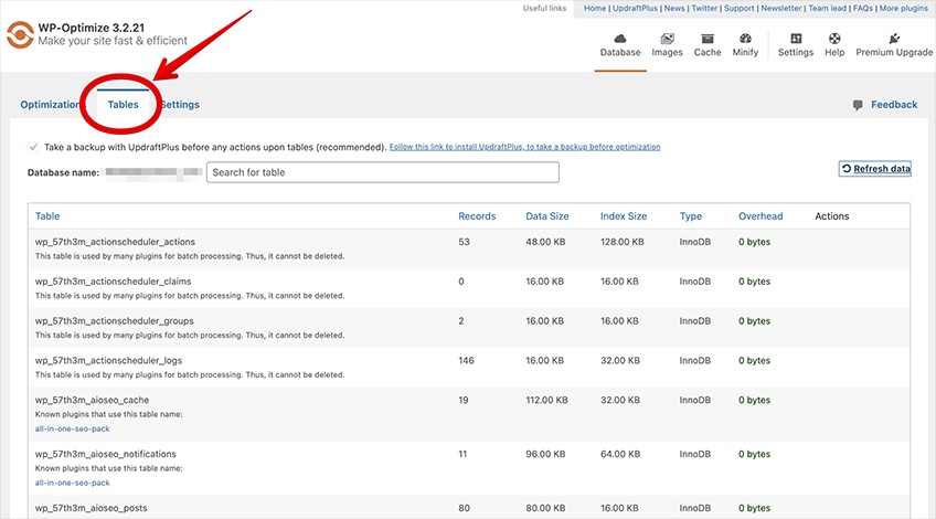 WPOptimize tables page with a list of various tables. 