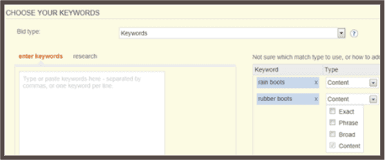 Yahoo Bing choose your keywords bid page.